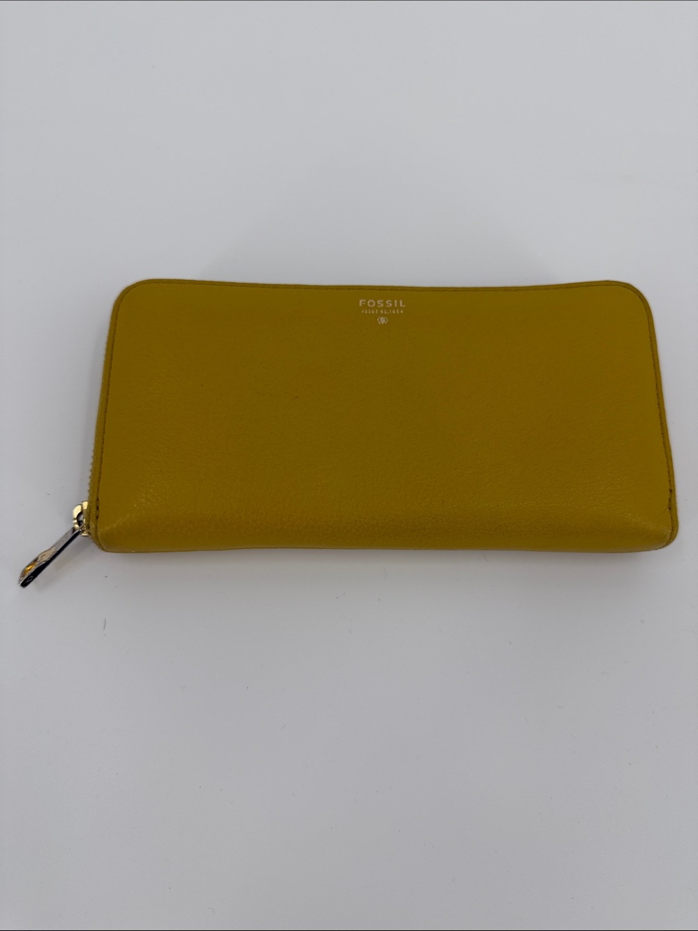 Fossil Mustard Leather Zip Wallet with Gold Hardware